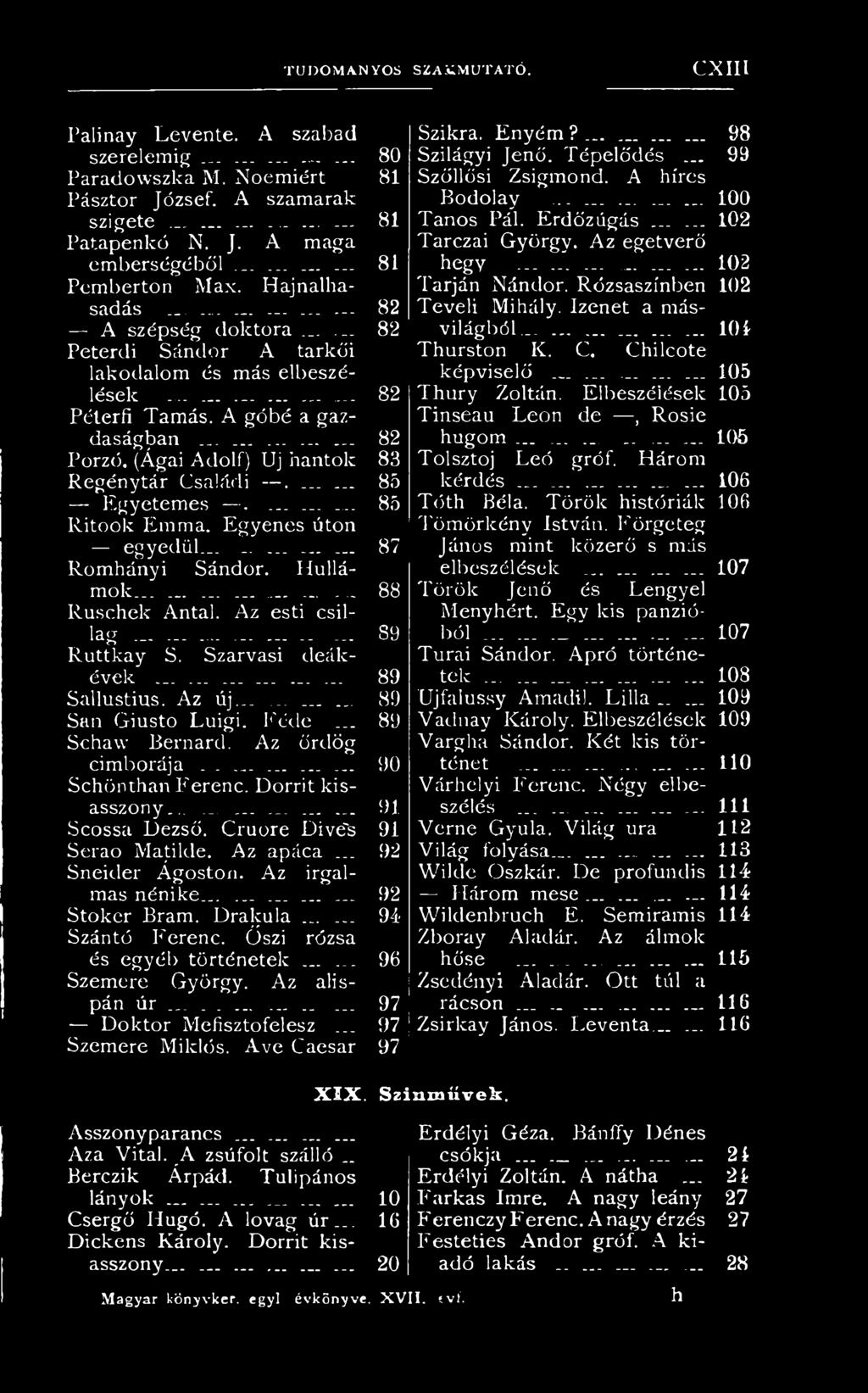 Az ördög cimborája........... 90 Schönthan Ferenc. Dorrit kisasszony............... 91 Scossa Dezső. Cruore Dive's 91 Serao Matilde. Az apáca... 92 Sneider Ágoston. Az irgalmas nénike......... 92 Stoker Bram.