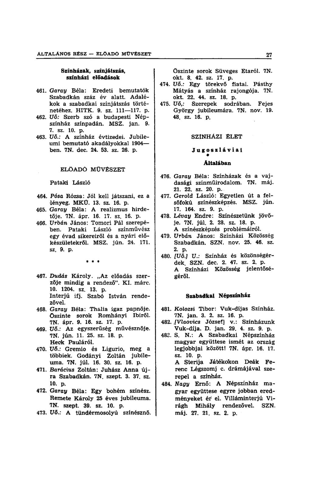 Színházak, színjátszás, színházi előadások 461. Garay Béla: Eredeti bemutatók Szabadkán száz év alatt. Adalékok a szabadkai színjátszás történetéhez. HITK. 9. sz. 111 117. p. 462.