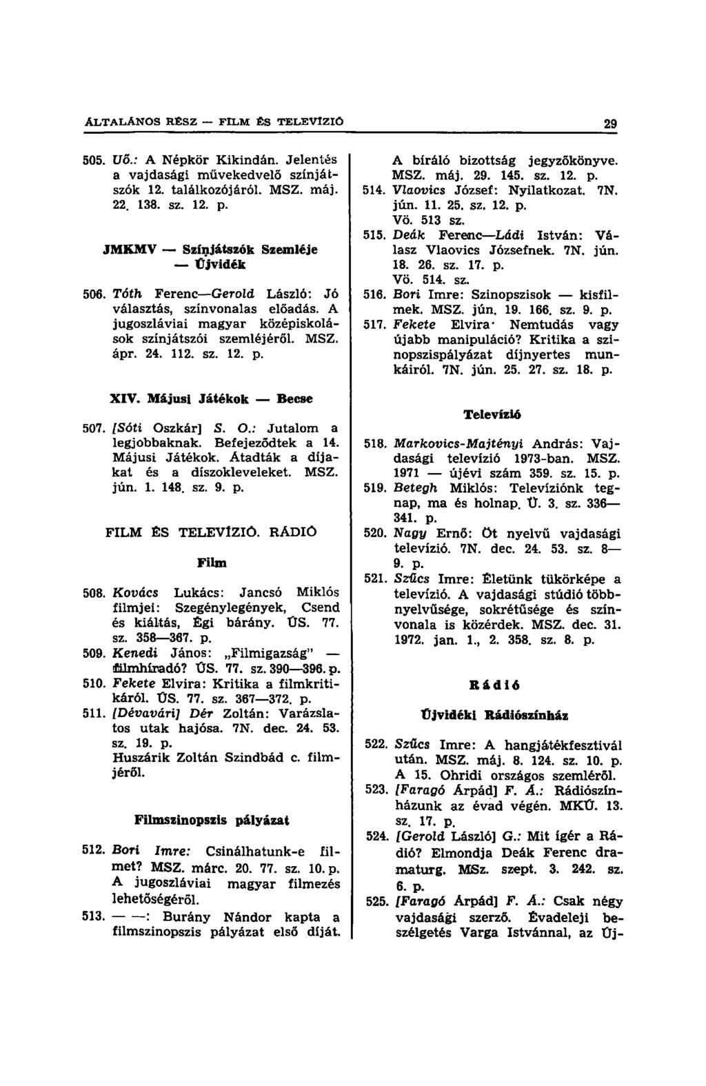 505. Uő.: A Népkör Kikindán. Jelentés a vajdasági művekedvelő színjátszók 12. találkozójáról. MSZ. máj. 22. 138. sz. 12. p. JMKMV Színjátszók Szemléje Űjvidék 506.