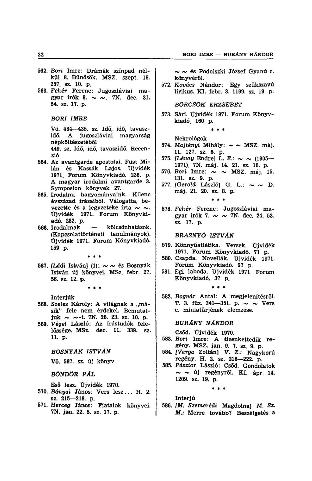 562. Bori Imre: Drámák színpad nélkül 8. Bűnösök. MSZ. szept. 18. 257. sz. 10. p. 563. Fehér Ferenc: Jugoszláviai magyar írók 8. ~ ~. 7N. dec. 31. 54. sz. 17. p. BORI IMRE Vö. 434 435. sz. Idő, idő, tavaszidő.