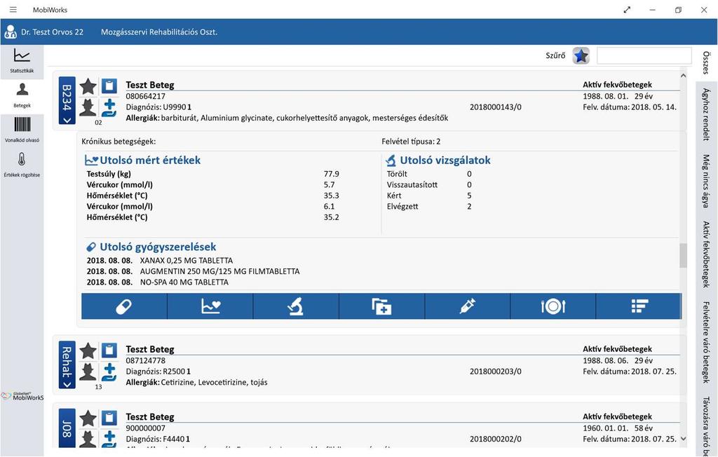 MobiWorkS Fekvőbeteg lista Összefoglaló információk a páciens állapotáról,