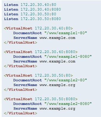 Mixed port-based and ip-based virtual hosts The server machine has two IP addresses (172.20.30.40 and 172.20.30.50) which resolve to the names www.