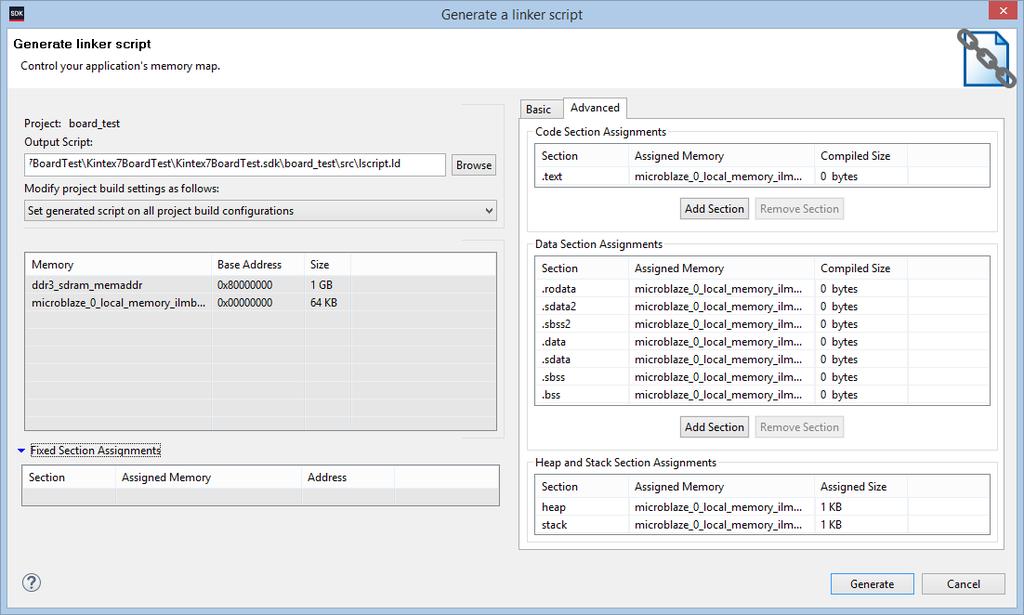 Szoftver projekt beállítások Linker script létrehozása Projekt tulajdonságai Generate Linker Script (Advanced) A kód szekciók hozzárendelése a memóriákhoz Új kód