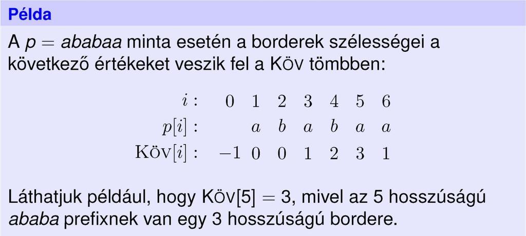 Előfeldolgozó algoritmus 1: function KÖVFELTÖLT(P) 2: m hossz(p) 3: i 0 4: j -1 5: KÖV[0] -1 6: while i< m