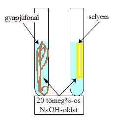 Kémia 8. 11 Fémek és vegyületeik b) Két kémcsövet tölts kb.2/3-ad részéig 20 tömeg%- os nátrium-hidroxid oldatot! Dobj az egyikbe gyapjúfonalat, a másikba selyem anyag darabot!