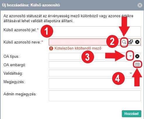 4. ábra A Külső azonosító adatainak rögzítése: 1) A Külső azonosító jel mezőben megadjuk az azonosítót.