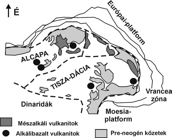 6. ábra. A Kárpát-Pannon Térség geotektonikai vázlata SEGHEDI et al. (2005) alapján 7. ábra. Vulkano-szedimentációs környezetek a BBVT-n (nem méretarányos, elvi modell NÉMETH, CSILLAG 1999 szerint) I.