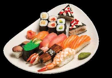 Vegyes valogatas I Mixed selection HETIMA (6 maki 8 nigiri) 2 avokádó maki, 2 tonhalkrémes uborka maki, 2 tintahal, gyömbér, snidling maki, 2 lazac nigiri, 2 tigrisrák nigiri, 2 japán omlett nigiri,
