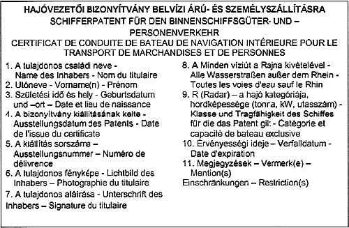 6. oldal Vonalvizsga bizonyítvány (hátoldal).5 A kategóriájú belvízi hajóvezetői bizonyítvány Mérete: 85 mm x 54 mm A háttér színe: világoskék (az SO 78.0. szabvány szerint) első oldal hátoldal.