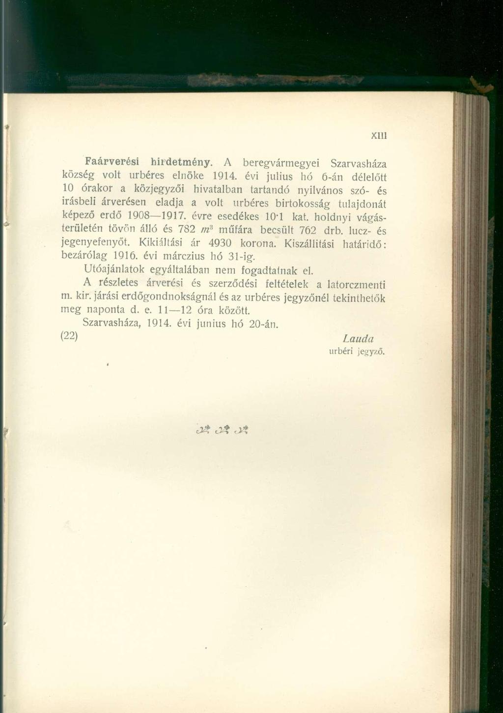 Faárverési hirdetmény. A beregvármegyei Szarvasháza község volt úrbéres elnöke 1914.