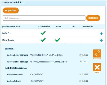 Partner adatok módosítása A kiválasztott partner adatait a ikonra kattintva tudja megváltoztatni.
