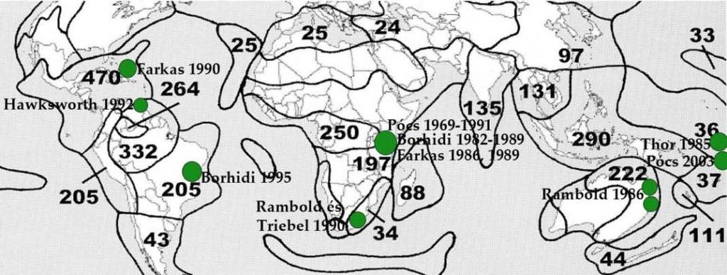 2. ábra. A szerző által feldolgozott gyűjtések (zöld foltok, gyűjtők és évszámok) a levéllakó zuzmók fajszámának eloszlását Takhtajan biogeográfiai régiói szerint ábrázoló térképen (vö.