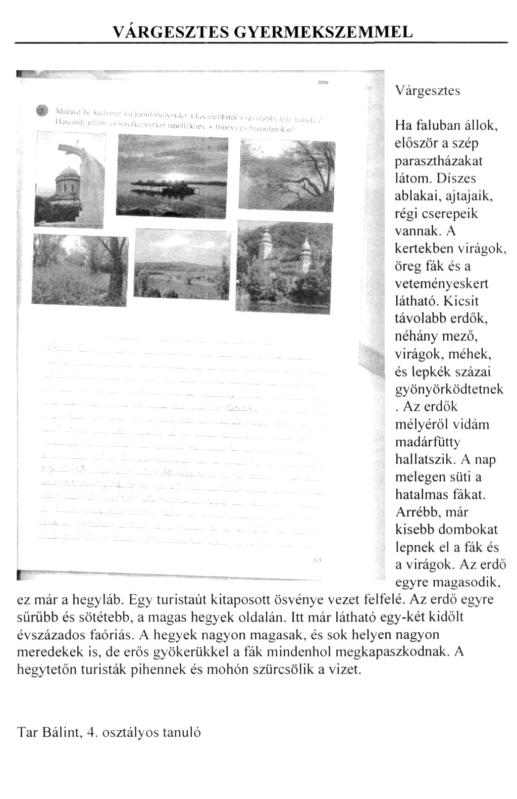 VÁRGESZTES GYERMEKSZEMMEL Várgesztes Ha faluban állok, először a szép parasztházakat látom. Díszes ablakai, ajtajaik, régi cserepeik vannak. A kertekben virágok, öreg fák és a veteményeskert látható.