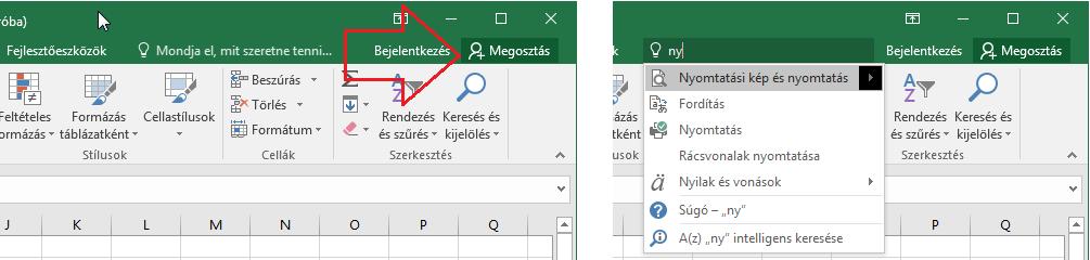 2016-os MS Office újdonságok 35 A találati listán akár olyan menüpont is megjelenhet, amelynek almenüje is használható, mint az ábrán a Nyomtatási kép és nyomtatás sor.