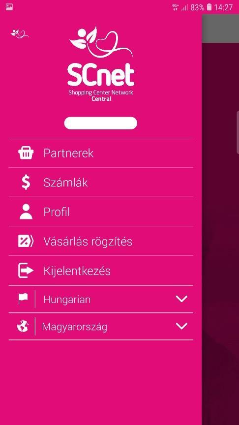 7 Menü Az SCnet logójával ellátott gombot megnyomva, az alkalmazás menüje jelenik meg. Itt az alábbi lehetőségek közül választhatunk: - Partnerek (lásd 19. fejezet Partnerek) - Számlák (lásd 20.