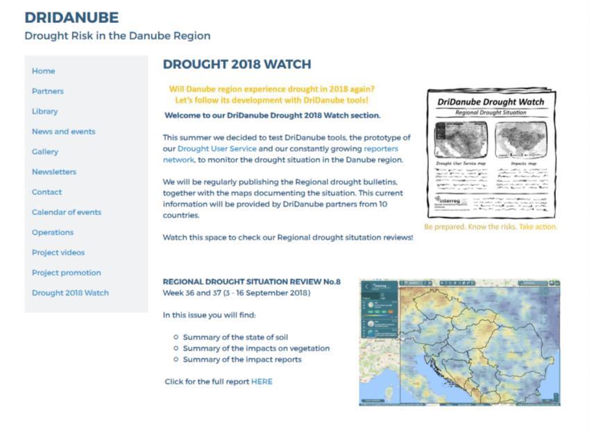 DROUGHT 2018 WATCH 2018 vegetációs időszakban 8db két hétre vonatkozó regionális aszályértékelő jelentés készült a DriDanube teljes területére: http://www.interregdanube.