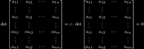 Determinánsok 7.4. Tétel. Ha egy mátrix egy sorának minden elemét megszorozzuk ugyanazzal a ckonstanssal, akkor a mátrix determinánsa is c-szeresére változik. Bizonyítás.