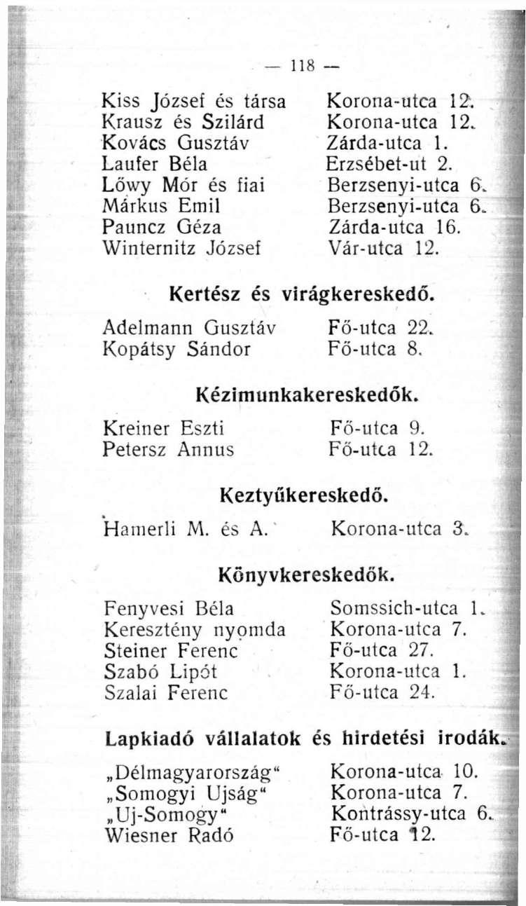 118 Kiss József és társa Krausz és Szilárd Kovács Gusztáv Laufer Béla Lőwy Mór és fiai Márkus Emil Pauncz Géza Winternitz József Korona-utca 12. Korona-utca 12. Zárda-utca 1. Erzsébet-ut 2.