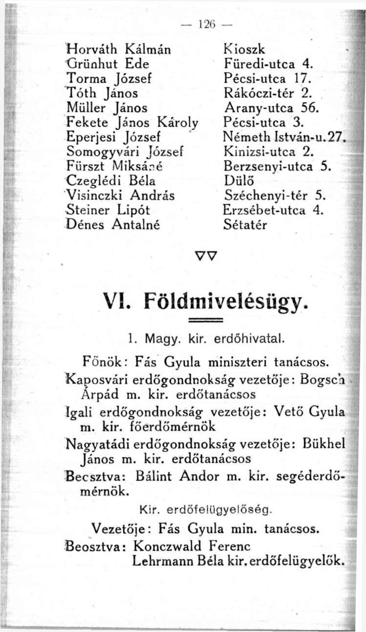 126 Horváth Kálmán Grünhut Ede Torma József Tóth János Müller János Fekete János Károly Eperjesi József Somogyvári József Fürszt Miksáné Czeglédi Béla Visinczki András Steiner Lipót Dénes Antalné