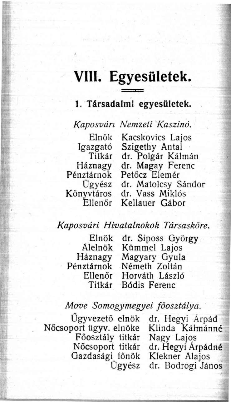 VIII. Egyesületek 1. Társadalmi egyesületek. Kaposvári Nemzeti Kaszinó. Elnök Kacskovics Lajos Igazgató Szigethy Antal Titkár dr. Polgár Kálmán Háznagy dr.