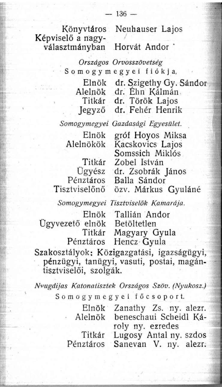 136 Könyvtáros Képviselő a nagyválasztmányban Neuhauser Lajos Horvát Andor Országos Orvosszövetség Somogymegyei fiókja, Elnök Alelnök Titkár Jegyző dr. Szigethy Gy. Sándor dr. Éhn Kálmán. dr. Török Lajos dr.