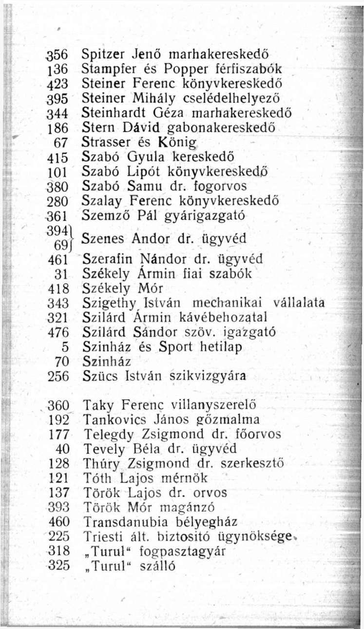 856 Spitzer Jenő marhakereskedő 136 Stampfer és Popper féríiszabók 423 Steiner Ferenc könyvkereskedő 395 Steiner Mihály cselédelhelyezö 344 Steinhardt Géza marhakereskedö 186 Stern Dávid