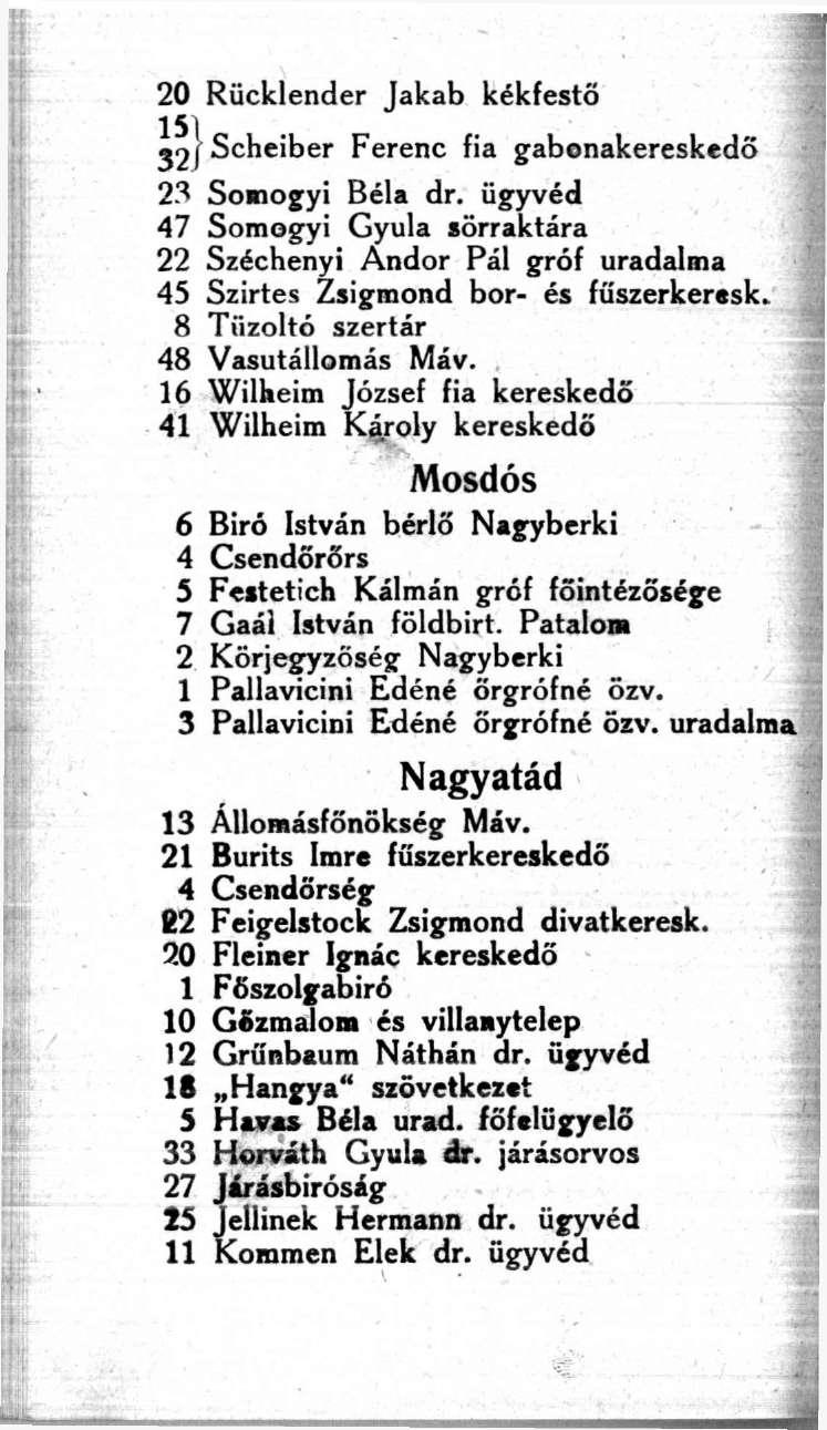 20 Rücklender Jakab kékfestő LjScheiber Ferenc fia gabonakereskedő 23 Somogyi Béla dr. ügyvéd 47 Somogyi Gyula sörraktára 22 Széchenyi Andor Pál gróf uradalma 45 Szirtes Zsigmond bor- és íüszerkeresk.