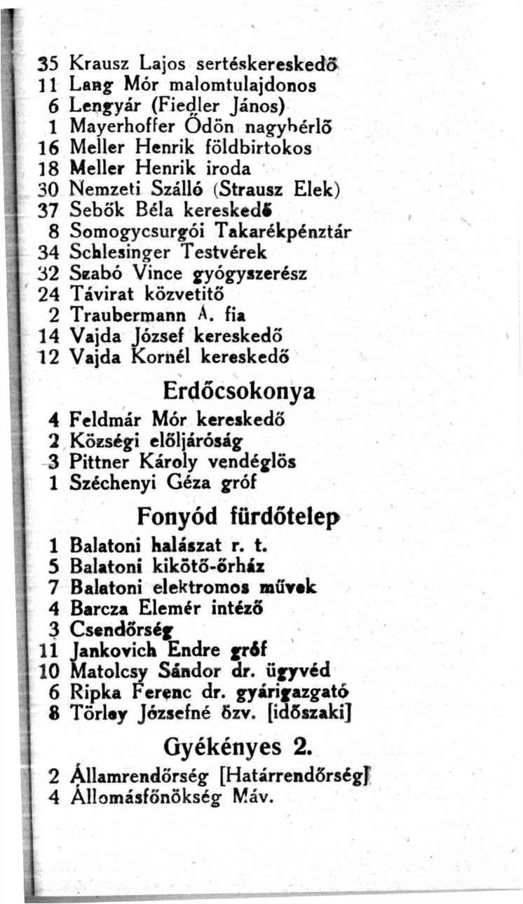 35 Krausz Lajos sertéskereskedő 11 Láng Mór malomtulajdonos 6 Lengyár (Fiedler János) 1 Mayerhoffer Ödön nagybérlő 16 Meller Henrik földbirtokos 18 Meller Henrik iroda 30 Nemzeti Szálló (Strausz