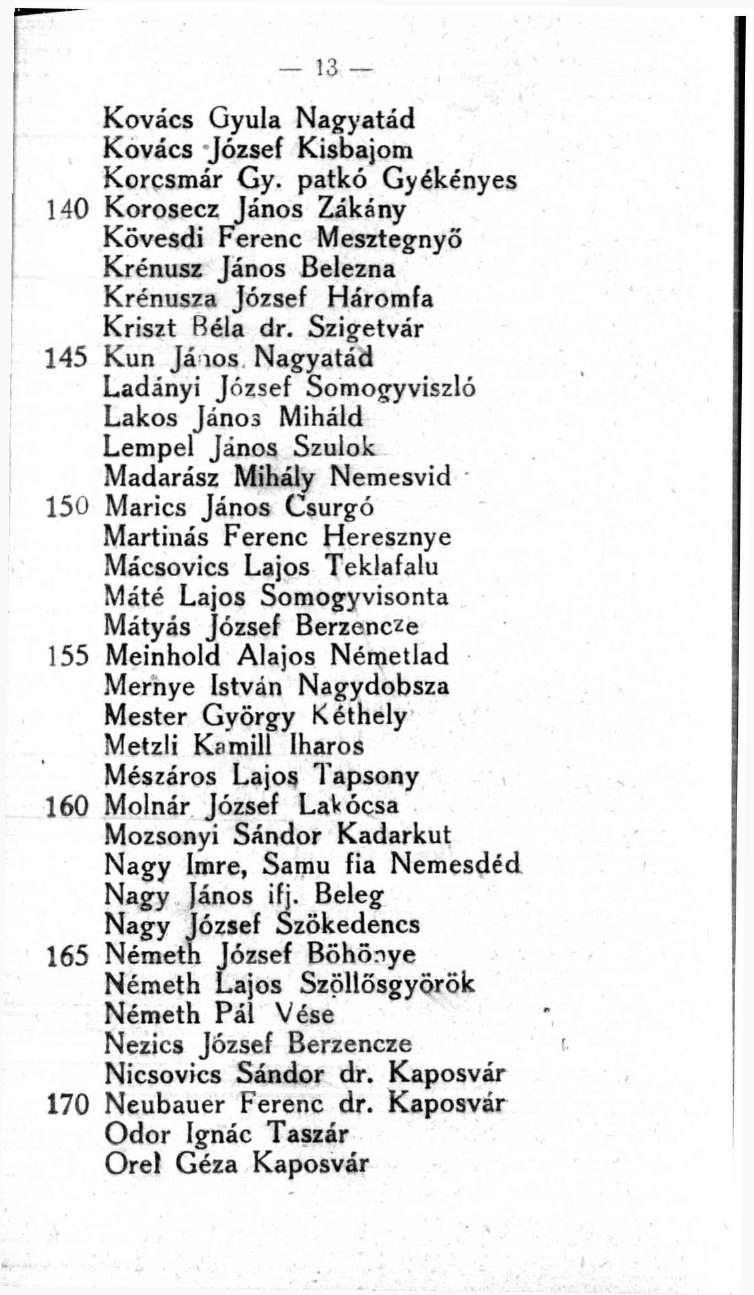 13 Kovács Gyula Nagyatád Kovács József Kisbajom Korcsmár Gy. patkó Gyékényes 140 Korosecz János Zákány Kövesdi Ferenc Mesztegnyő Krénusz János Belezna Krénusza József Háromfa Kriszt Béla dr.