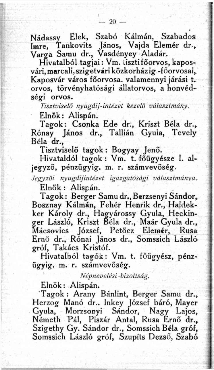 Nádassy Elek, Szabó Kálmán, Szabados Imre, Tankovits János, Vajda Elemér dr., Varga Samu dr., Vasdényey Aladár. Hivatalból tagjai: Vm.