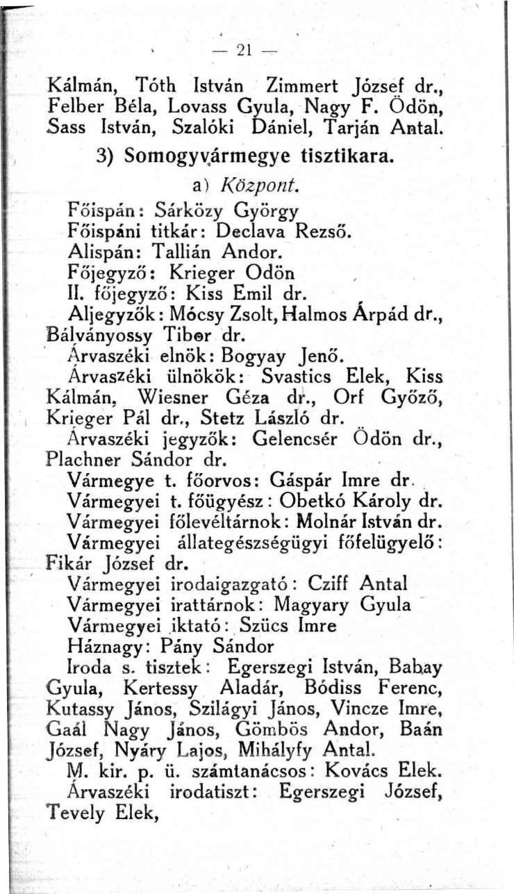 Kálmán, Tóth István Zimmert József dr., Felber Béla, Lovass Gyula, Nagy F. Ödön, Sass István, Szalóki Dániel, Tarján Antal. 3) Somogyvármegye tisztikara. a) Központ.