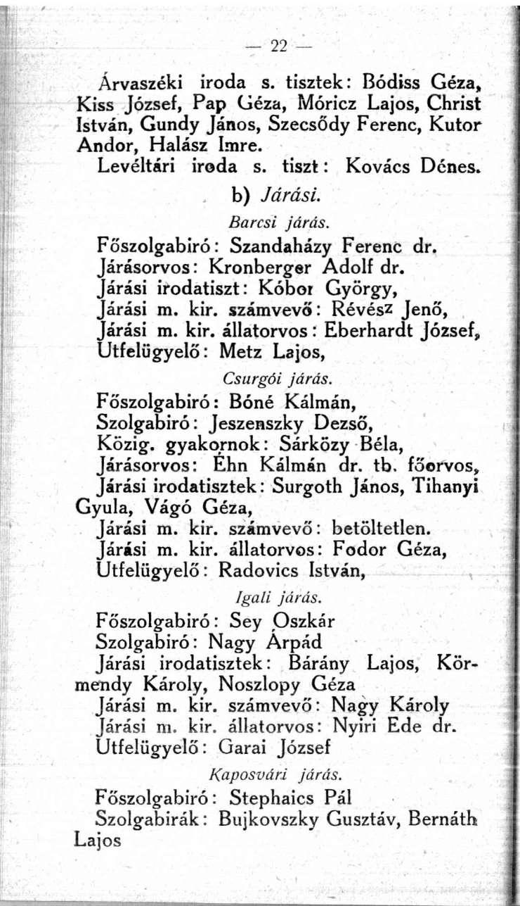 Árvaszéki iroda s. tisztek: Bódiss Géza, Kiss József, Pap Géza, Móricz Lajos, Christ István, Gundy János, Szecsődy Ferenc, Kutor Andor, Halász Imre. Levéltári iroda s. tiszt: Kovács Dénes., b) Járási.