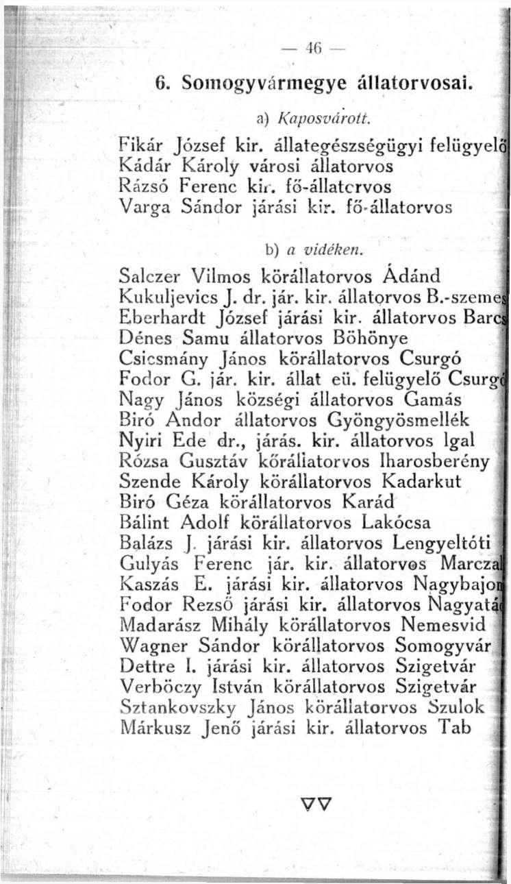 46-6. Somogyvármegye állatorvosai. a) Kaposvárott. Fikár József kir. állategészségügyi felügyeld Kádár Károly városi állatorvos Rázsó Ferenc kii. fő-állatcrvos Varga Sándor járási kir.