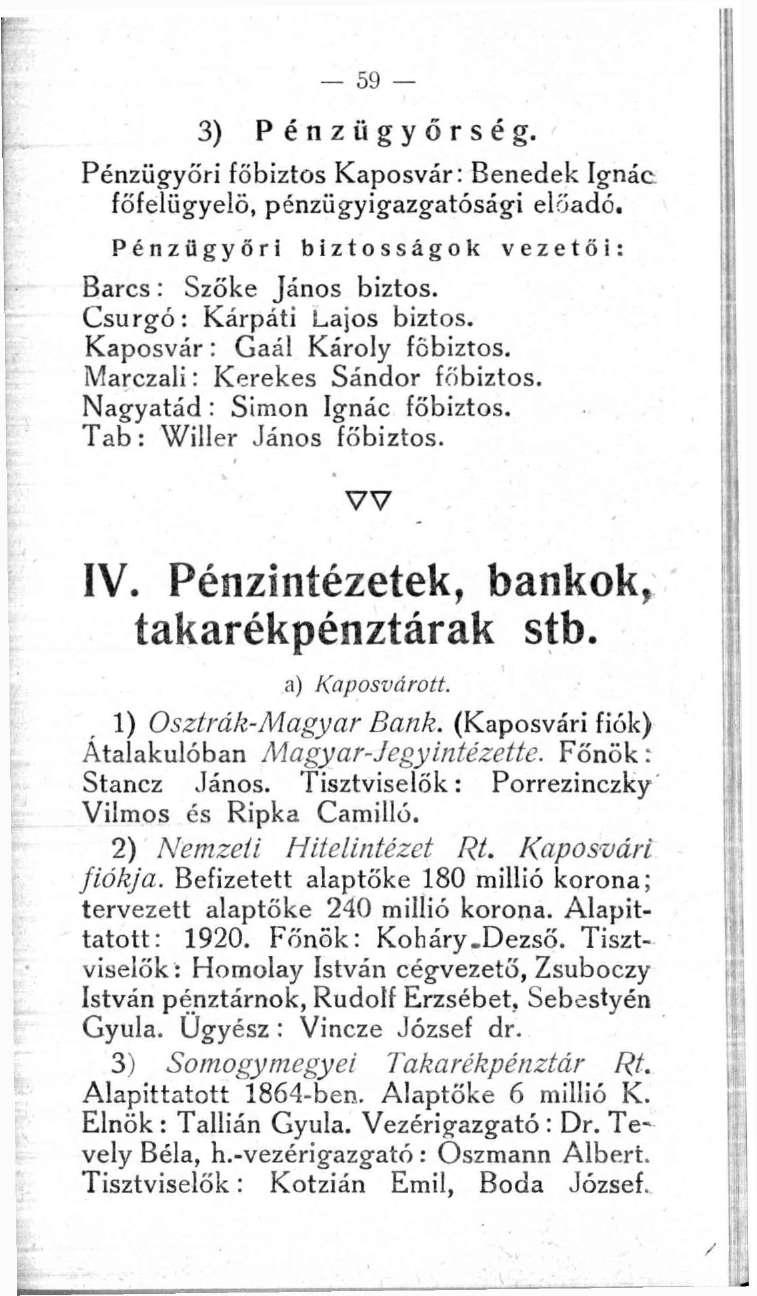 59 3) Pénzügyőrség. Pénzügyőri főbiztos Kaposvár: Benedek Ignác főfelügyelő, pénzügyigazgatósági előadó. Pénzügyőri biztosságok vezetői: Barcs: Szőke János biztos. Csurgó: Kárpáti Lajos biztos.