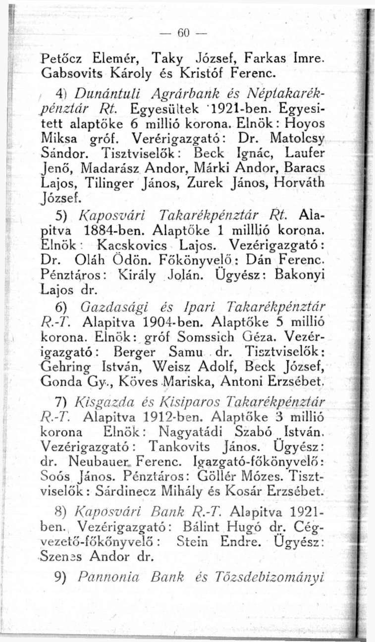 60 Petőcz Elemér, Taky József, Farkas Imre. Gabsovits Károly és Kristóf Ferenc. 4) Dunántúli Agrárbank és Néptakarékpénztár Rt. Egyesültek 1921-ben. Egyesitett alaptöke 6 millió korona.