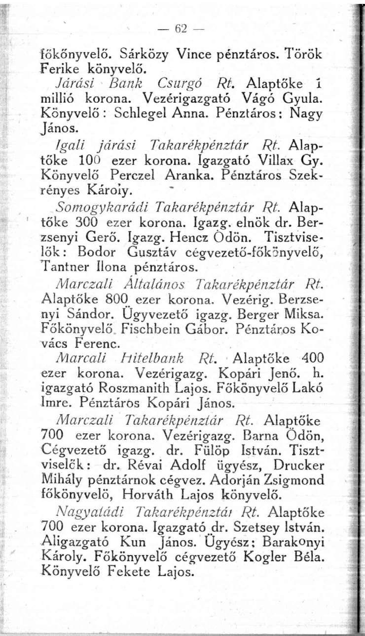 62 főkönyvelő. Sárközy Vince pénztáros. Török Ferike könyvelő. Járási Bank Csurgó Rt. Alaptőke I millió korona. Vezérigazgató Vágó Gyula. Könyvelő : Schlegel Anna. Pénztáros ; Nagy János.