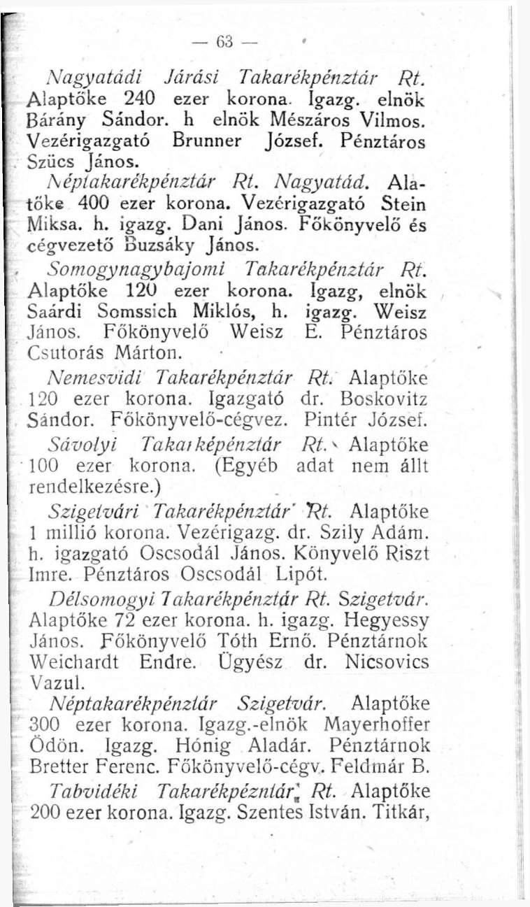 63 Nagyatádi Járási Takarékpénztár Rt. Alaptőke 240 ezer korona. Igazg. elnök Bárány Sándor, h elnök Mészáros Vilmos. Vezérigazgató Brunner József. Pénztáros Szűcs János. Képtakarékpénztár Rí.