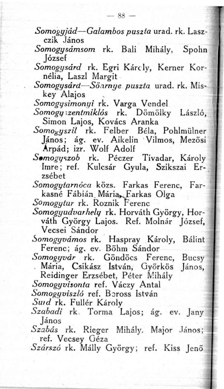 88 - Somogyjád Galambos puszta urad. rk. Laszczik János Somogysámsom rk. Bali Mihály, Spohn József Somogysárd rk. Egri Kárcly, Kerner Kornélia, Laszl Margit Somogysárd Sönrnye puszta urad. rk. Miskey Alajos Somogysimonyi rk.