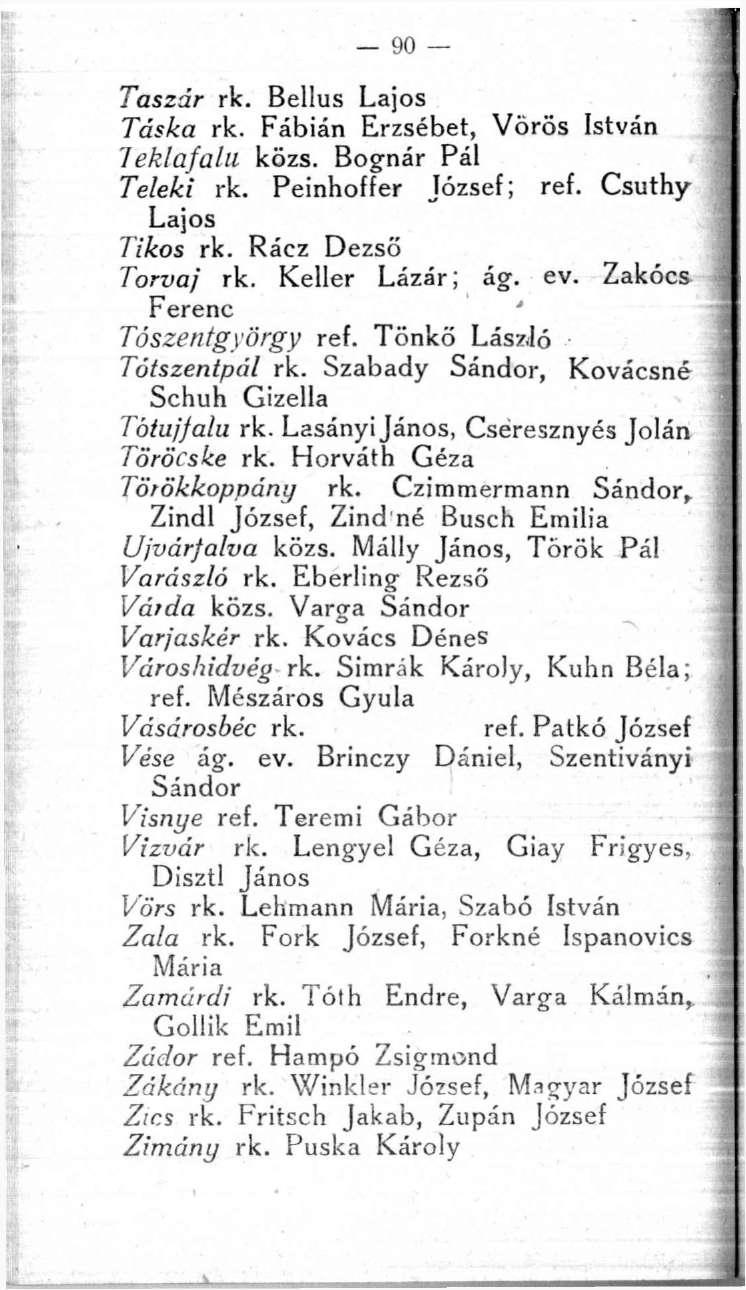 90 Taszár rk. Bellus Lajos Táska rk. Fábián Erzsébet, Vörös István leklafalu közs. Bognár Pál Teleki rk. Peinhoffer József; ref. Csuthy Lajos Tikos rk. Rácz Dezső Torvaj rk. Keller Lázár; ág. ev.