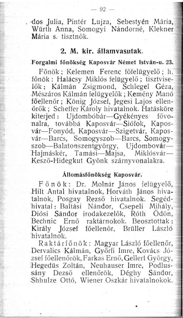 92 dos julia, Pintér Lujza, Sebestyén Mária, Würlh Anna, Somogyi Nándorné, Klekner Mária s. tisztnők. 2. M. kir. államvasutak. Forgalmi főnökség Kaposvár Német István-u. 23.