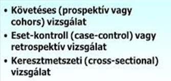 EPIDEMIOLÓGIAI VIZSGÁLATOK TÍPUSAI Megfigyeléses (obszervációs) vizsgálatok Kísérletes (intervenciós) vizsgálatok A megfigyeléses epidemiológia az eseményeket, állapotokat, folyamatokat a maguk