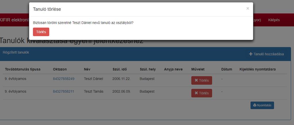 4. Tanulók törlése Tanulók törlése A programban lehetőség van a rögzített tanulók törlésére.