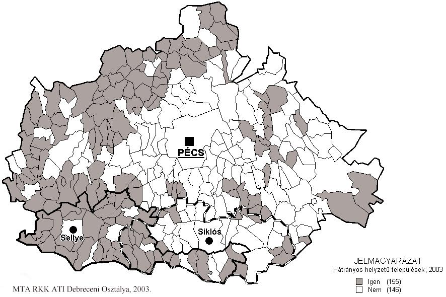 346 2. ábra: Társadalmi gazdasági és infrastrukturális szempontból elmaradott települések Baranya megyében a 2003/7.