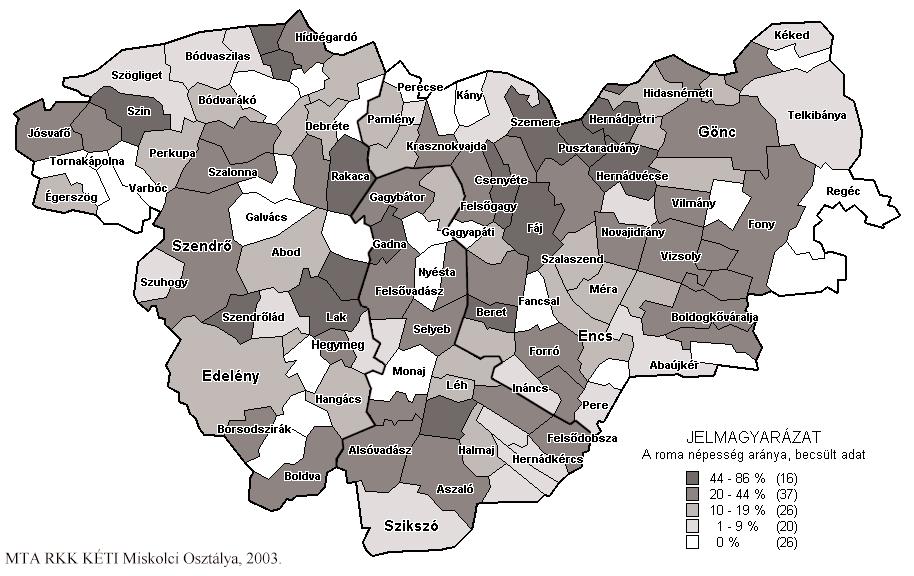 7. ábra: A roma népesség jelenléte a Cserehát Hernád Bódva vidéken 2003-ban (becsült adatok) A dél-baranyai térségben jelentõsebb település hiányában nem figyelhetõ meg a cigány lakosság olyan fokú