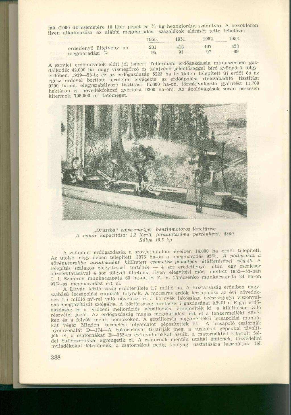 ják (1000 db csemetére 10 liter pépet és kg hexokloránt számítva). A hexokloran ilyen alkalmazása az alábbi megmaradási százalékok elérését tette lehetővé: 1950. 1951. 1952. 1953.