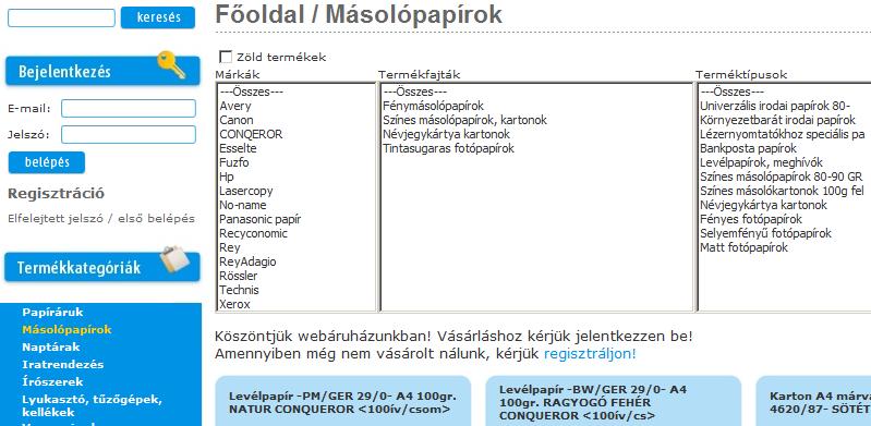 Többlépcsős szűrő a termékkategóriákon belül A webáruház bal oldalán található termékkategóriákra kattintva megjelenik egy termékszűrő rendszer.