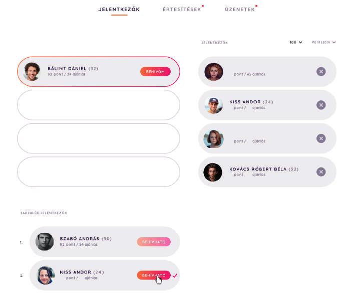 JELENTKEZŐK ÉRTESÍTÉSEK ÜZENETEK KIVÁLASZTOTT JELENTKEZŐK JELENTKEZŐK Idő Pontszám KIVÁLASZTOTT JELENTKEZŐK HORVÁTH MIKLÓS (27) BERÉNYI KATA (26) 96 pont / 23 ajánlás 57 pont / 4 ajánlás A