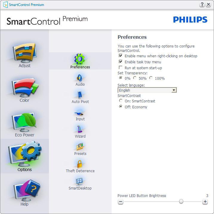 Eco Power menü Options (Opciók) menü Options (Opciók) >Preferences (Preferenciák) - Csak akkor aktív, ha kiválasztja a Preferences (Preferenciák) elemet az Options (Opciók)