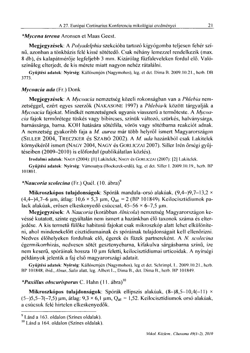 A 27. F.urópai Cortinarius Konferencia mikológiái eredményei 21 *Mycena terena Aronsen et Maas Geest.