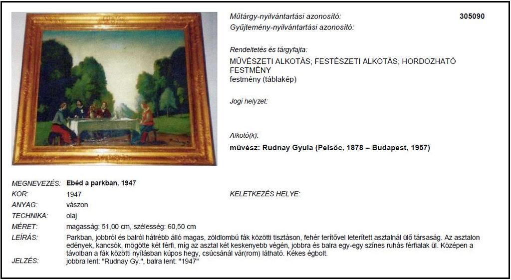 2011 novemberében budapesti magántulajdonból lopták el az Rudnay Gyula (Pelsőc, 1878 Budapest, 1957): Ebéd a parkban, 1947 [műtárgy-nyilvántartási azonosító: 305090] címen nyilvántartott festményt.